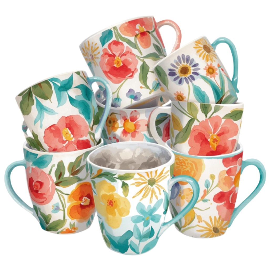 水彩花柄マグカップ クリップアートセット(全17点)|PNG Watercolor Floral Mug Clipart Set (17 PNGs)