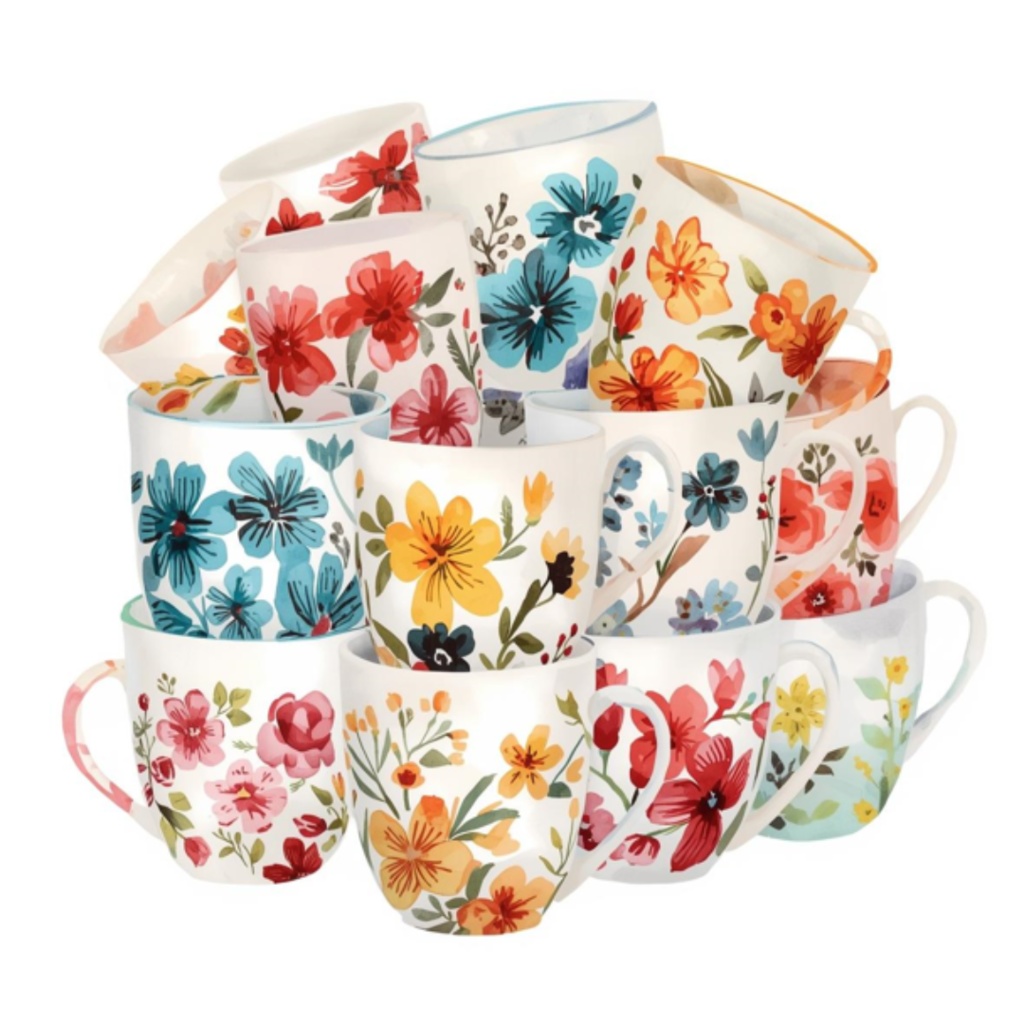 水彩花柄マグカップ クリップアートセット(全17点)|PNG Watercolor Floral Mug Clipart Set (17 PNGs)