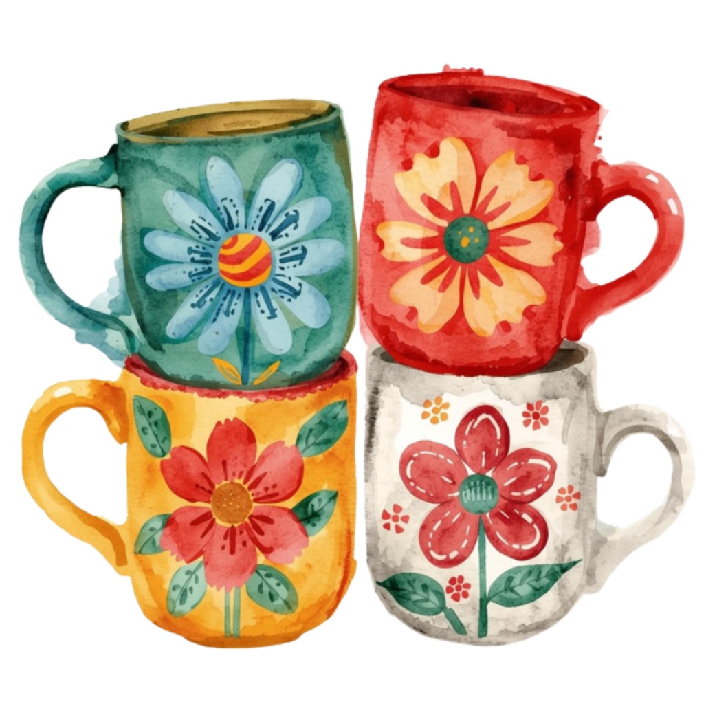 水彩花柄マグカップ クリップアートセット(全17点)|PNG Watercolor Floral Mug Clipart Set (17 PNGs)