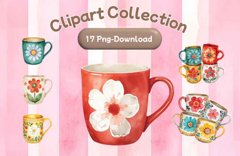 水彩花柄マグカップ クリップアートセット（全17点）｜PNG Watercolor Floral Mug Clipart Set (17 PNGs)