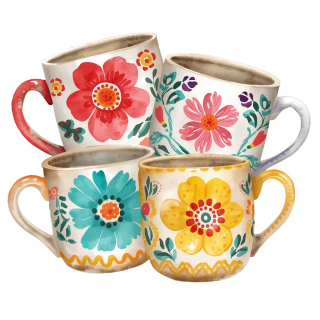 水彩花柄マグカップ クリップアートセット(全17点)|PNG Watercolor Floral Mug Clipart Set (17 PNGs)