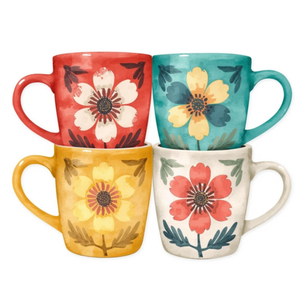 水彩花柄マグカップ クリップアートセット(全17点)|PNG Watercolor Floral Mug Clipart Set (17 PNGs)