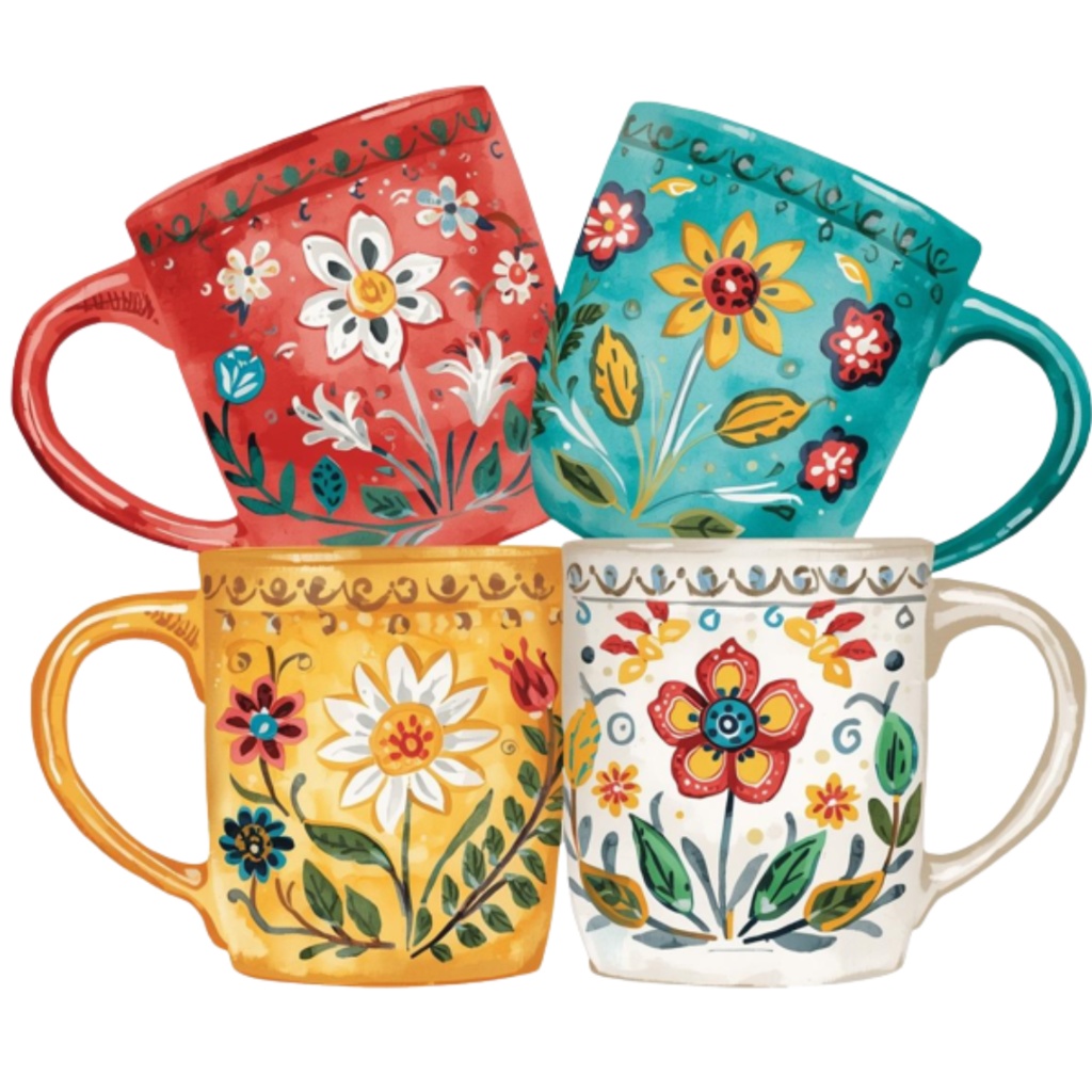 水彩花柄マグカップ クリップアートセット(全17点)|PNG Watercolor Floral Mug Clipart Set (17 PNGs)