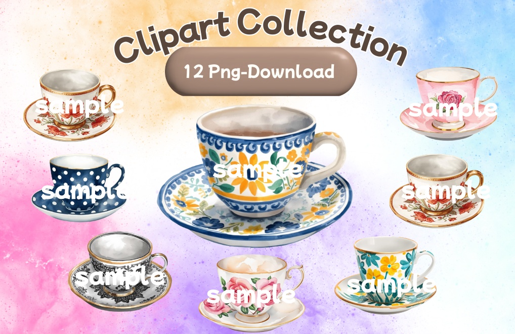 水彩ティーカップ コレクション（全12点）｜  Watercolor Teacup Clipart Collection (12 PNGs)