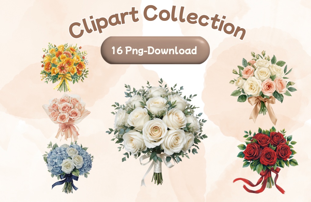 水彩ウェディングブーケ クリップアートセット（全16点）｜  Watercolor Wedding Bouquet Clipart Set (16 PNGs)