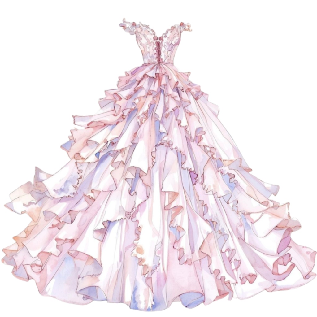水彩フリルウェディングドレス クリップアートセット(全30点)| Watercolor Frilly Wedding Dress Clipart Set (30 PNGs)