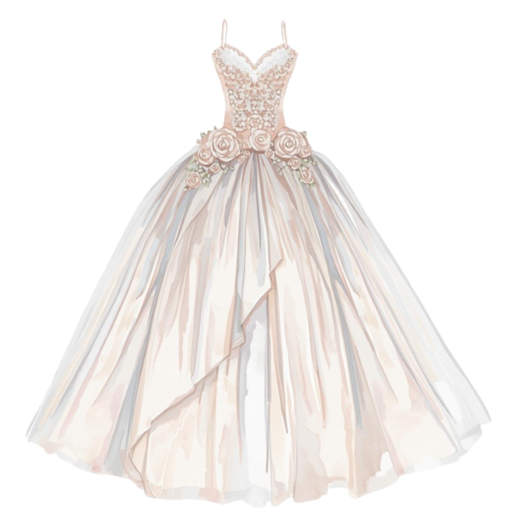 水彩フリルウェディングドレス クリップアートセット(全30点)| Watercolor Frilly Wedding Dress Clipart Set (30 PNGs)