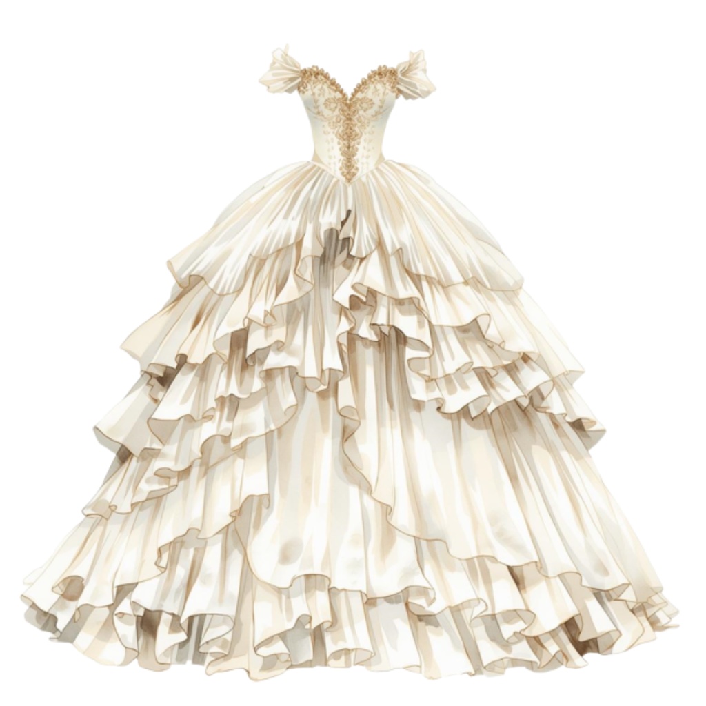 水彩フリルウェディングドレス クリップアートセット(全30点)| Watercolor Frilly Wedding Dress Clipart Set (30 PNGs)