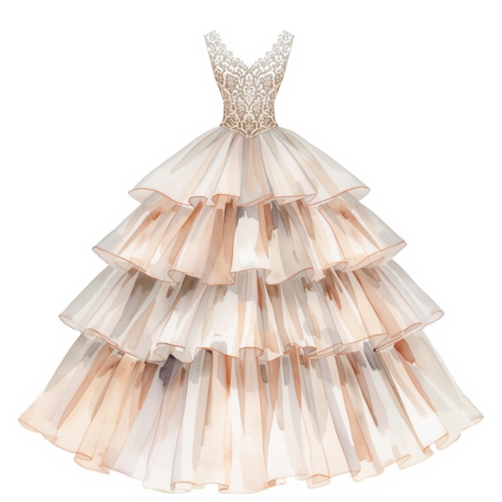 水彩フリルウェディングドレス クリップアートセット(全30点)| Watercolor Frilly Wedding Dress Clipart Set (30 PNGs)