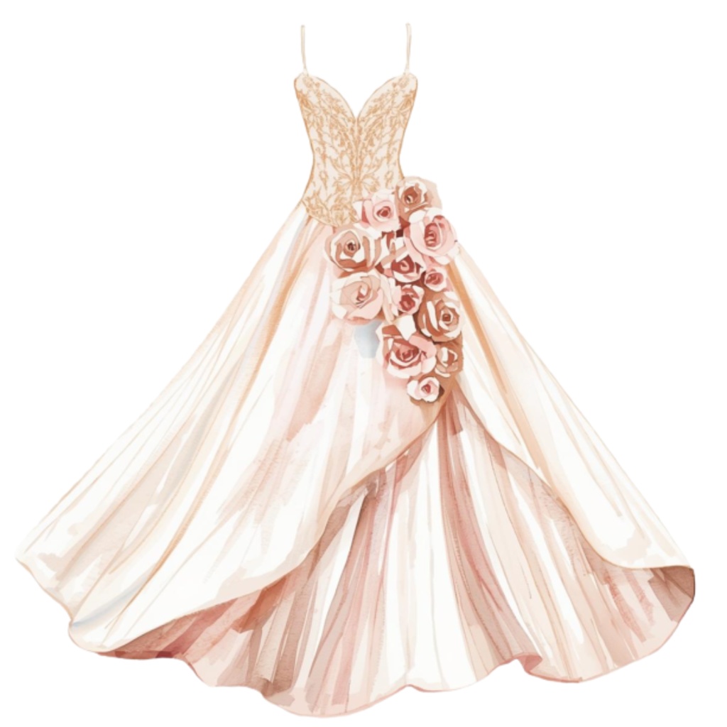 水彩フリルウェディングドレス クリップアートセット(全30点)| Watercolor Frilly Wedding Dress Clipart Set (30 PNGs)