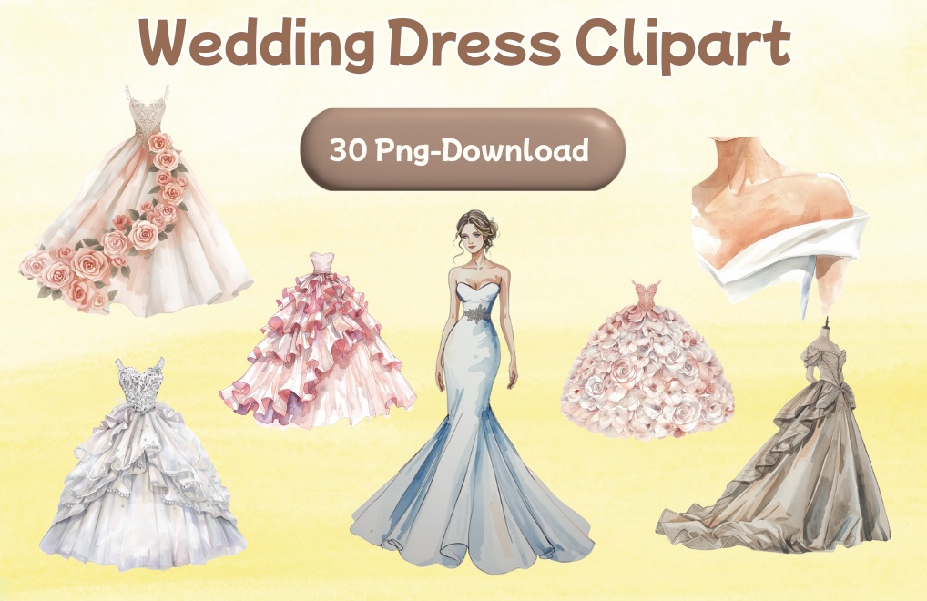 水彩フリルウェディングドレス クリップアートセット（全30点）｜ Watercolor Frilly Wedding Dress Clipart Set (30 PNGs)