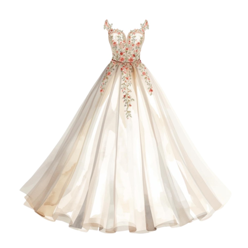 水彩フリルウェディングドレス クリップアートセット(全30点)| Watercolor Frilly Wedding Dress Clipart Set (30 PNGs)