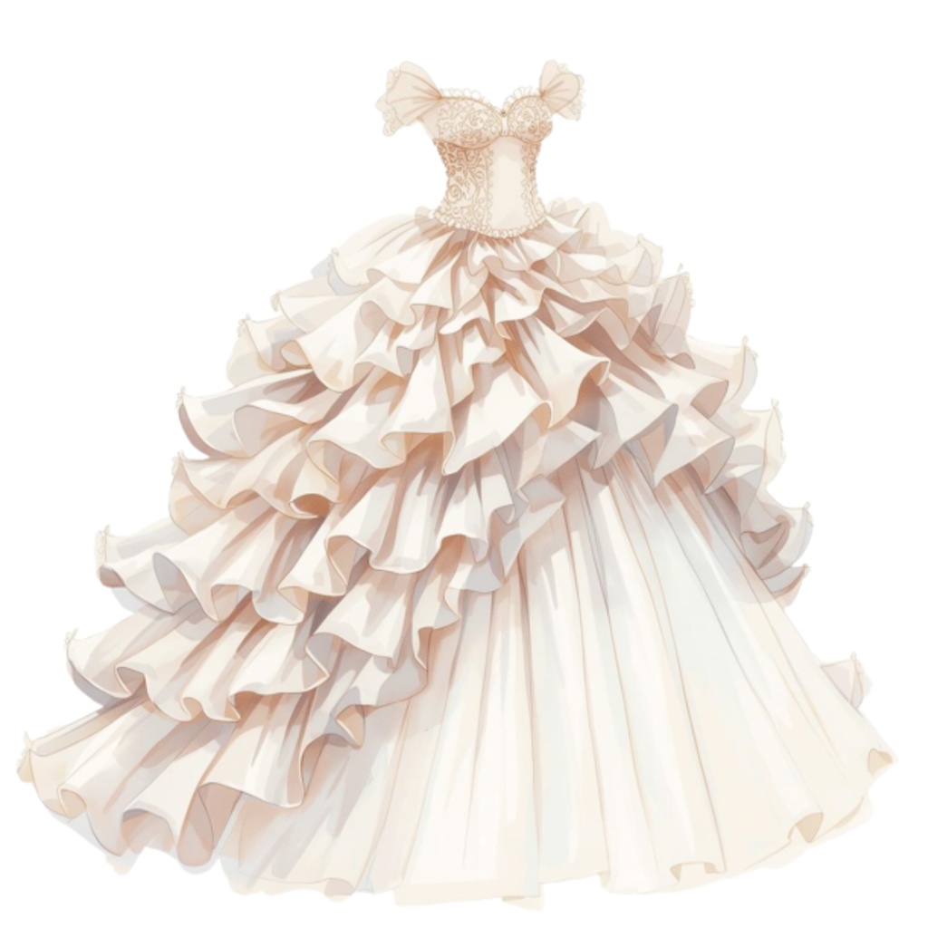 水彩フリルウェディングドレス クリップアートセット(全30点)| Watercolor Frilly Wedding Dress Clipart Set (30 PNGs)