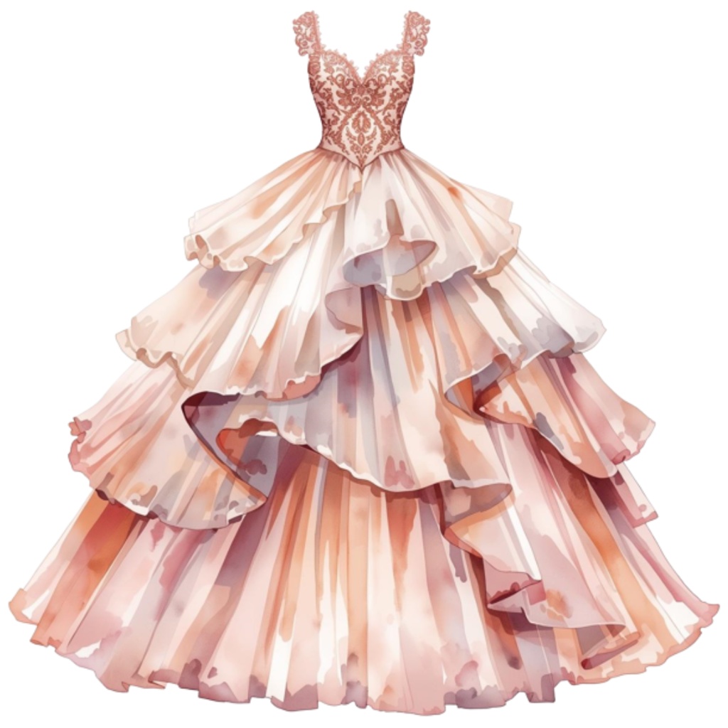 水彩フリルウェディングドレス クリップアートセット(全30点)| Watercolor Frilly Wedding Dress Clipart Set (30 PNGs)