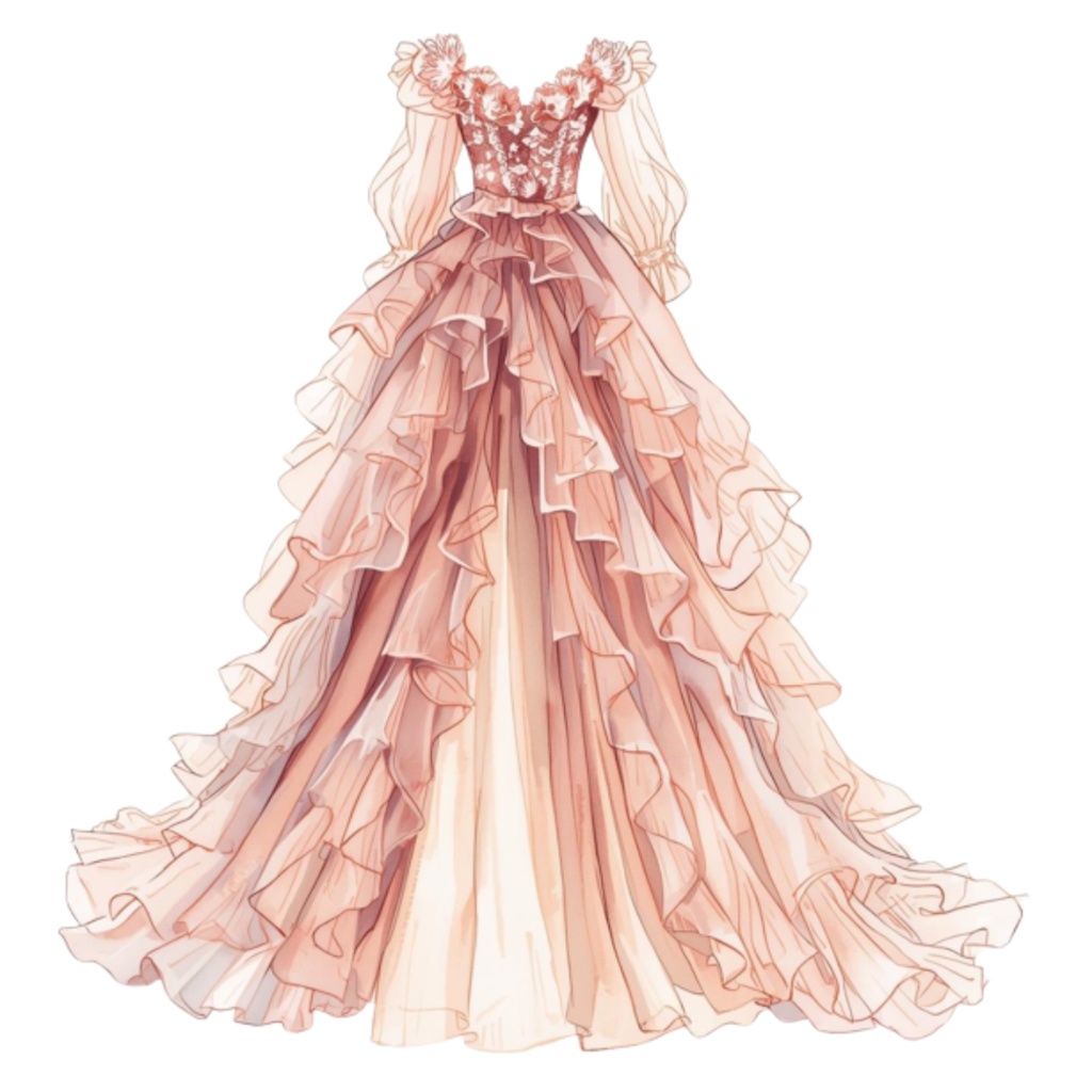 水彩フリルウェディングドレス クリップアートセット(全30点)| Watercolor Frilly Wedding Dress Clipart Set (30 PNGs)