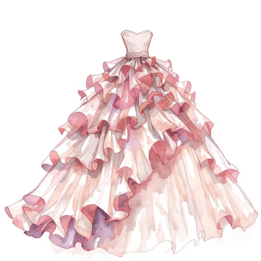 水彩フリルウェディングドレス クリップアートセット(全30点)| Watercolor Frilly Wedding Dress Clipart Set (30 PNGs)