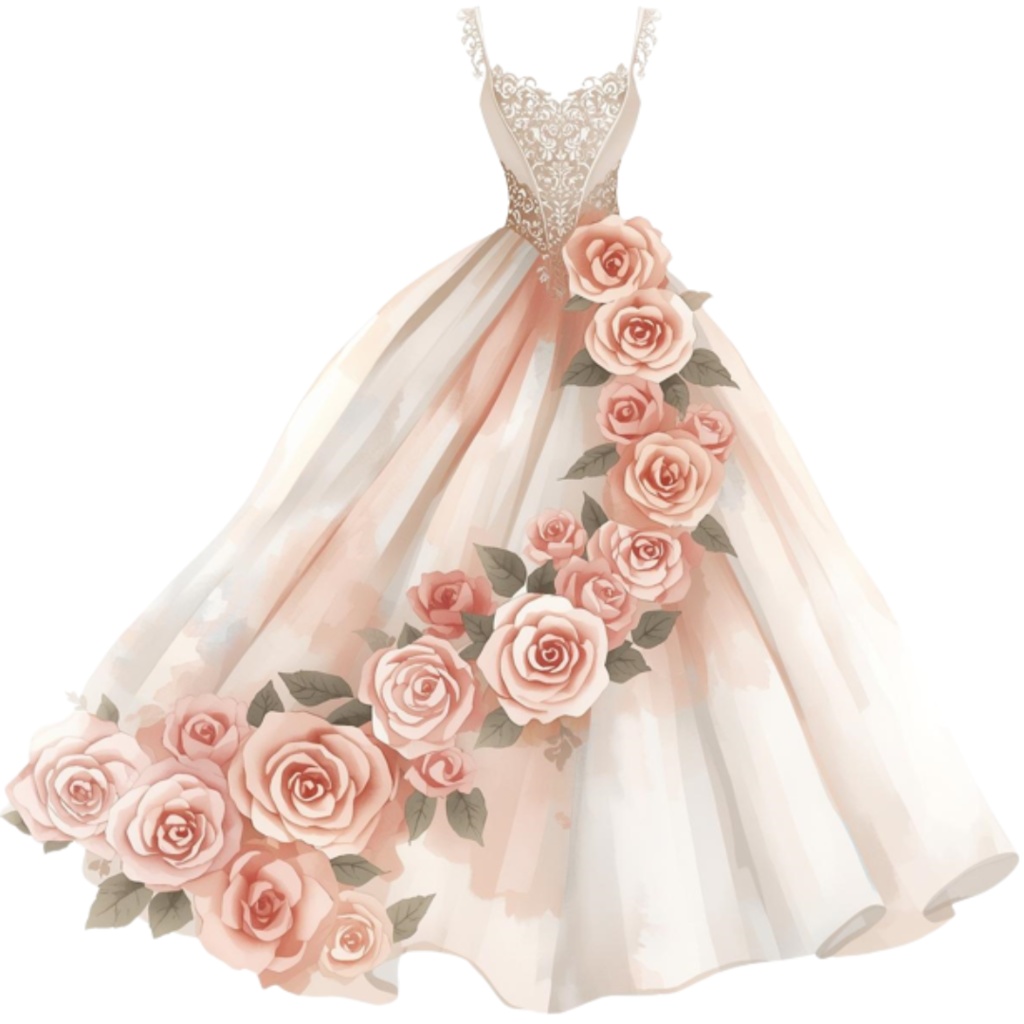 水彩フリルウェディングドレス クリップアートセット(全30点)| Watercolor Frilly Wedding Dress Clipart Set (30 PNGs)