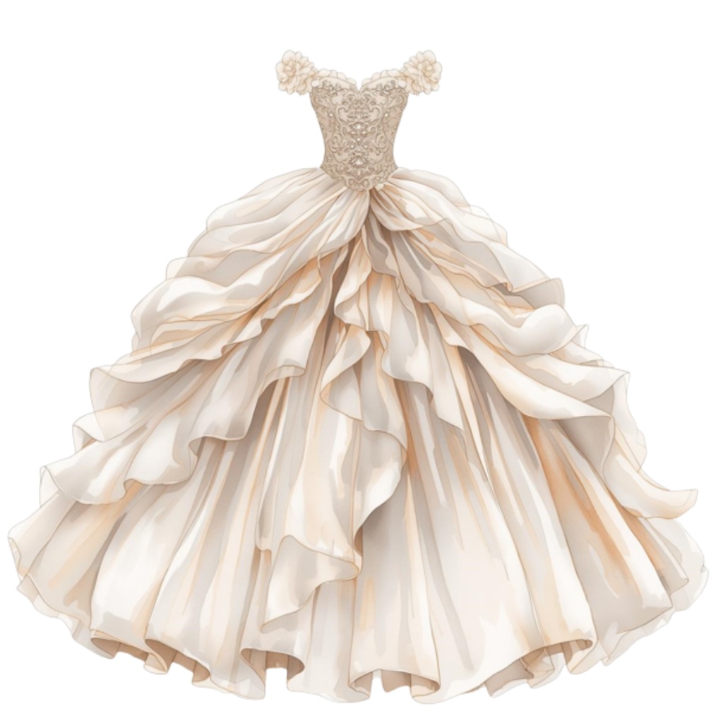 水彩フリルウェディングドレス クリップアートセット(全30点)| Watercolor Frilly Wedding Dress Clipart Set (30 PNGs)