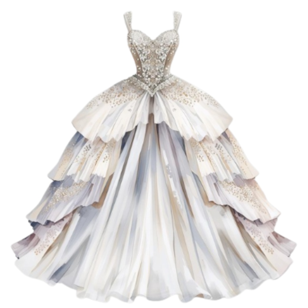 水彩フリルウェディングドレス クリップアートセット(全30点)| Watercolor Frilly Wedding Dress Clipart Set (30 PNGs)