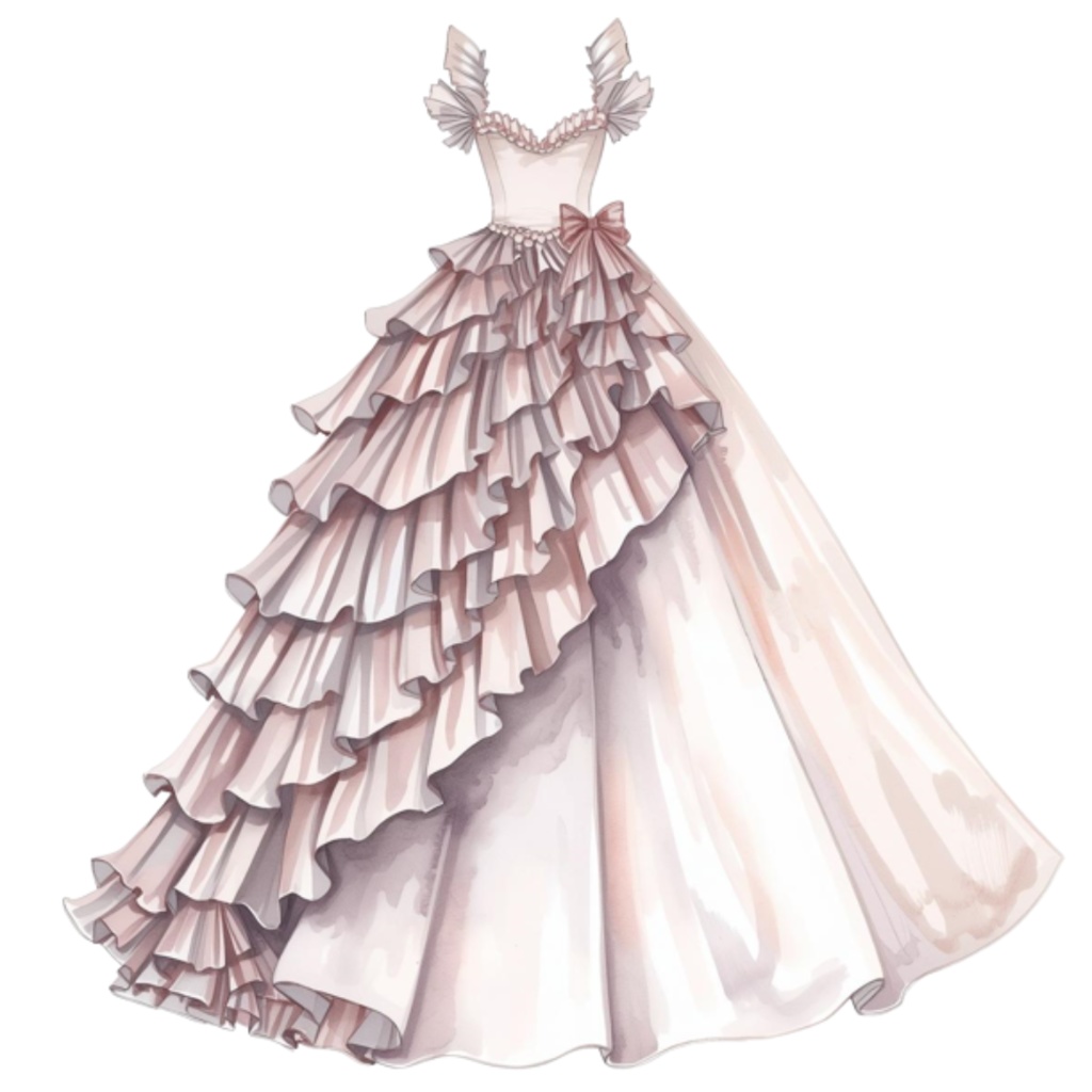 水彩フリルウェディングドレス クリップアートセット(全30点)| Watercolor Frilly Wedding Dress Clipart Set (30 PNGs)
