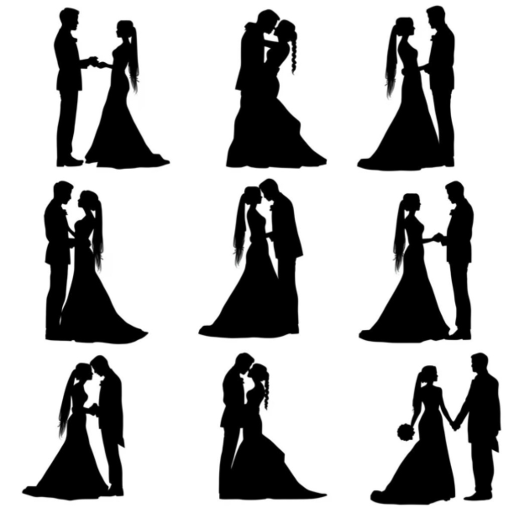 新郎新婦シルエット クリップアートセット(全13点)|Wedding Couple Silhouette Clipart Set (13 PNGs)
