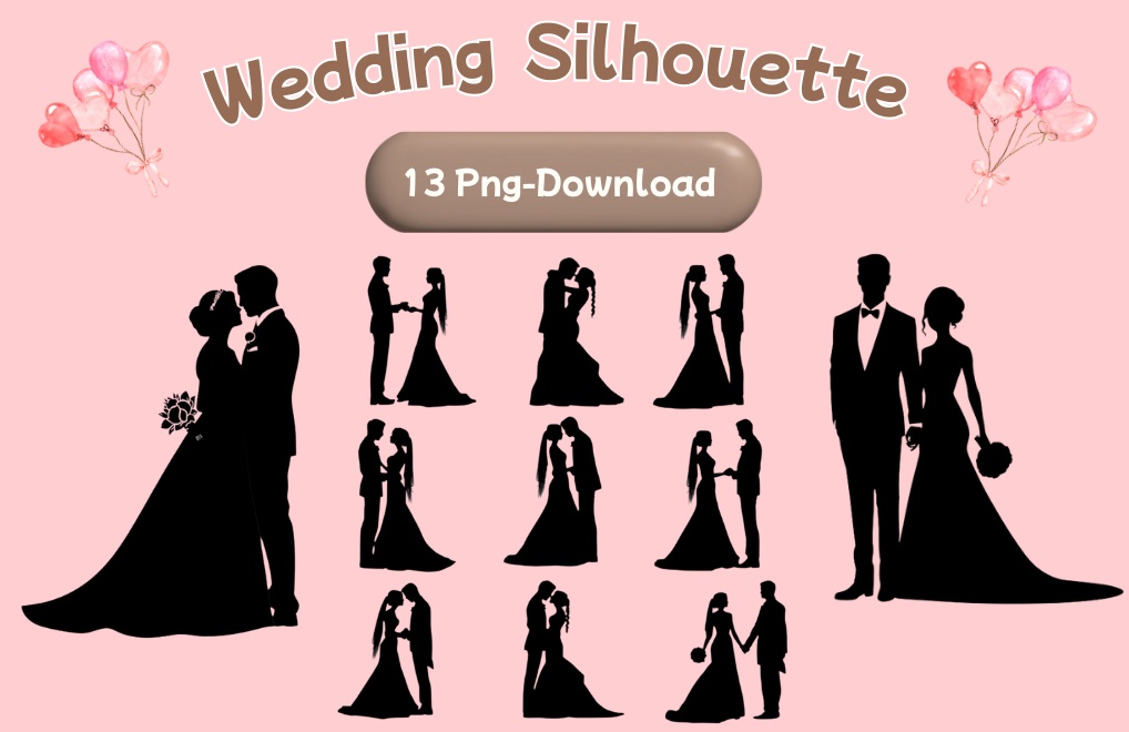 新郎新婦シルエット クリップアートセット(全13点)|Wedding Couple Silhouette Clipart Set (13 PNGs)