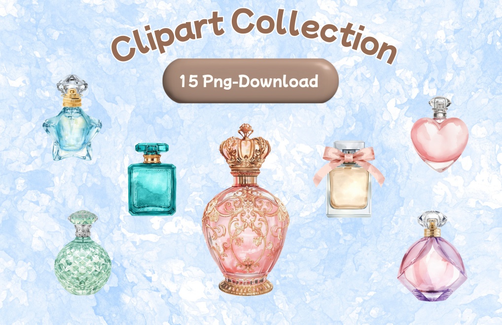 水彩風 香水ボトル クリップアートセット（全15点）｜Watercolor Perfume Bottles Clipart Set (15 PNGs)