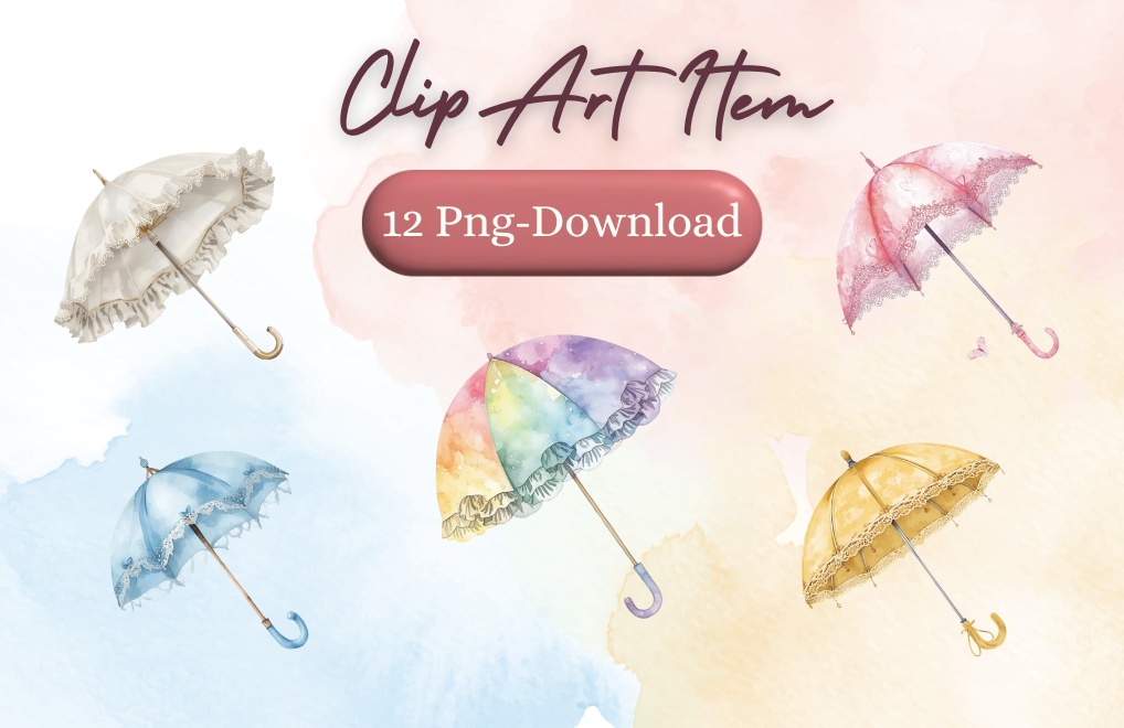 水彩風 フリル傘 コレクション（全12点 PNG）｜Watercolor Frilled Umbrella Clipart Collection (12 PNGs)