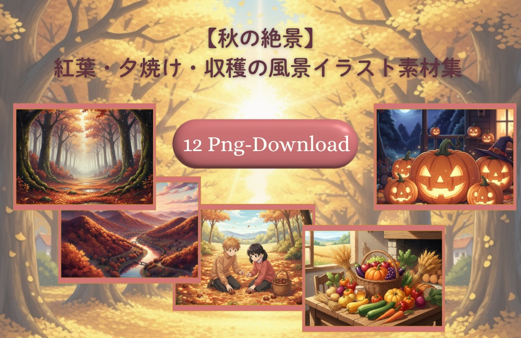 【秋の絶景】紅葉・夕焼け・収穫の風景イラスト素材集 12点