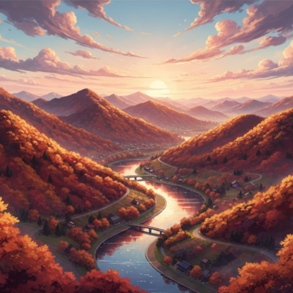 【秋の絶景】紅葉・夕焼け・収穫の風景イラスト素材集 12点