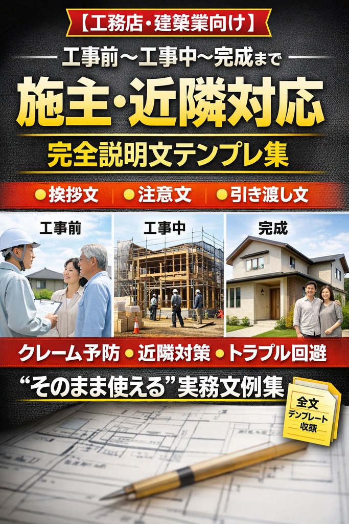 【工務店・建築業向け】 工事前〜工事中〜完成まで 施主・近隣対応 完全説明文テンプレ集 ― 現場で“そのまま渡せる”実務文章集 ―