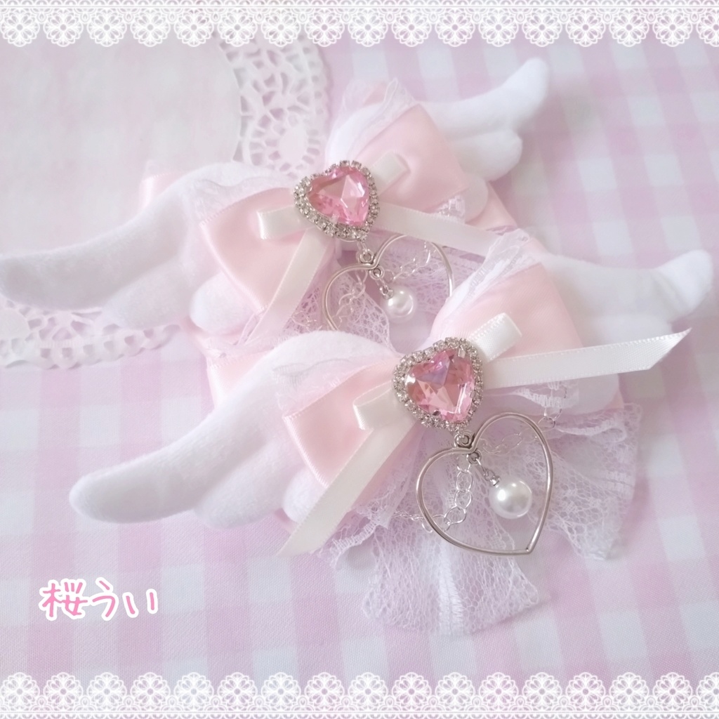 【ピンク】ふわふわ天使の羽根リボンクリップ　ハート