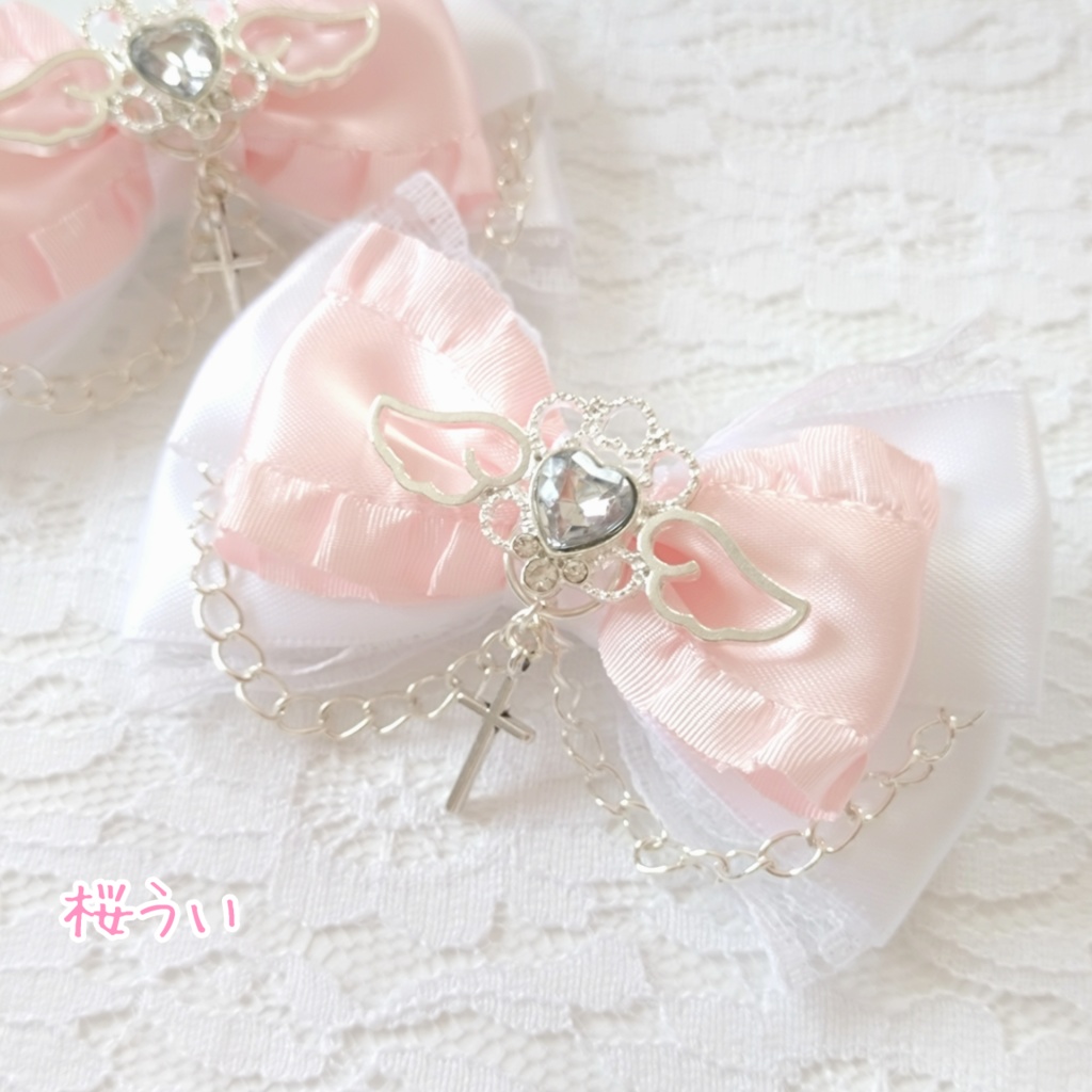 【ピンク】十字架&チェーン付エンジェルハートリボンクリップ