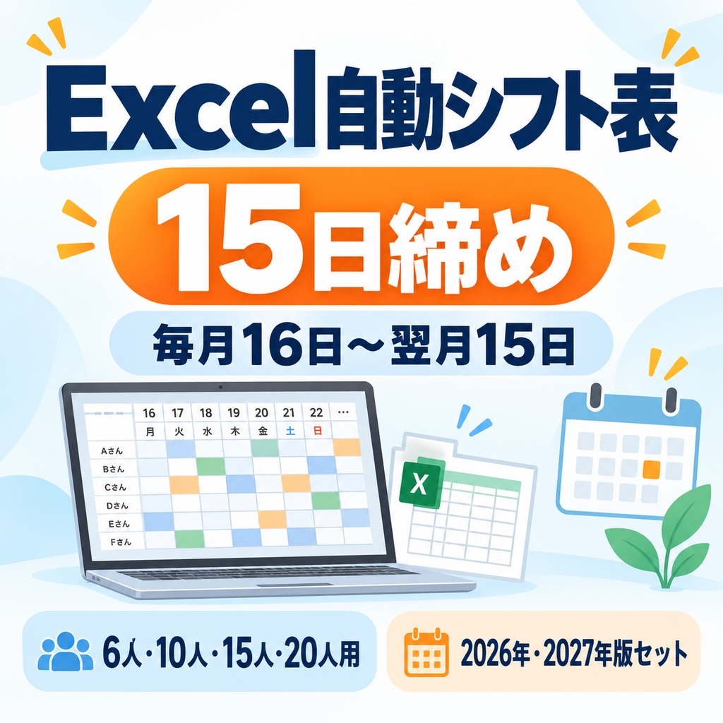 【Excel】１５日締め自動シフト表｜6人・10人・15人・20人用セット