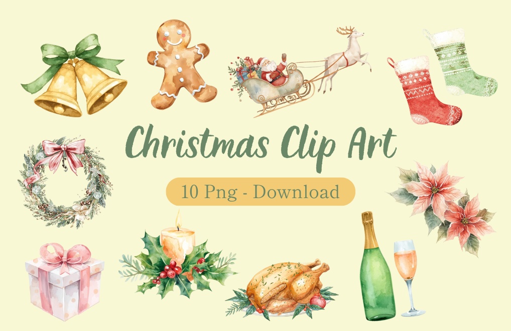 水彩画風クリスマスクリップアートセット｜淡い色味のやさしいイラスト素材（背景透過PNG）
