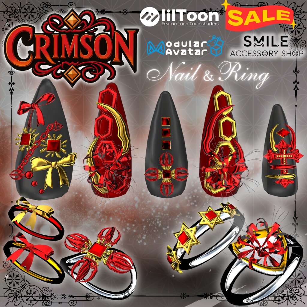 【VRC想定/18アバター対応】【MA対応】『CRIMSON 』ネイル&リング