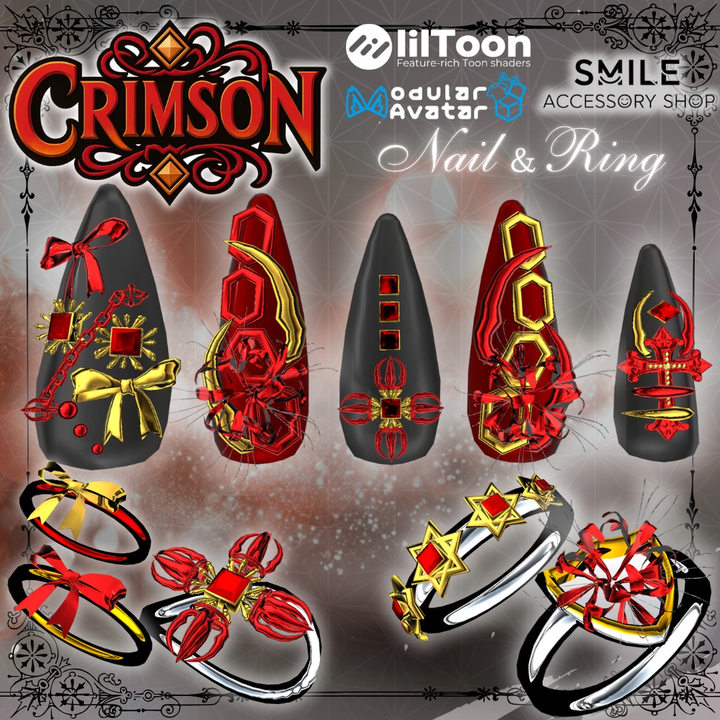 【VRC想定/18アバター対応】【MA対応】『CRIMSON 』ネイル&リング