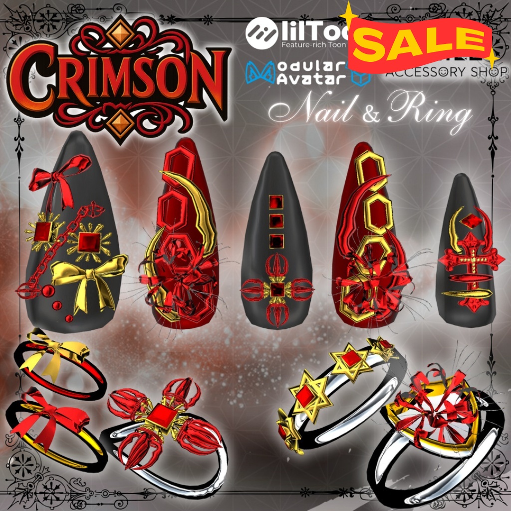 ✨SALE✨半額✨【VRC想定/18アバター対応】【MA対応】『CRIMSON 』ネイル＆リング