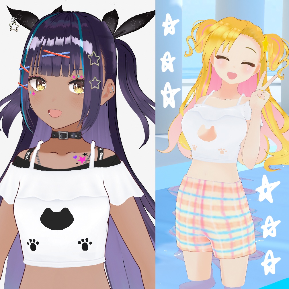 【Vroid】ネコ水着トップス+チェックボトムス☆FREE/Cat swimsuit+Checked Bottoms