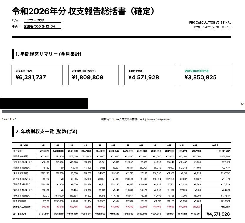 【12ヶ月連続管理】軽貨物ドライバー専用:確定申告・年間収支管理ツール(自動集計グラフ&推移表PDF出力機能付き)