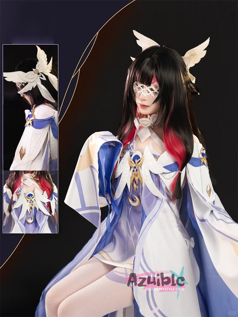 Azuiblc 原神コスプレ衣装 コロンビーナ(少女) 3D樹脂製パーツ 髪飾り付き ワンピース 再現衣装