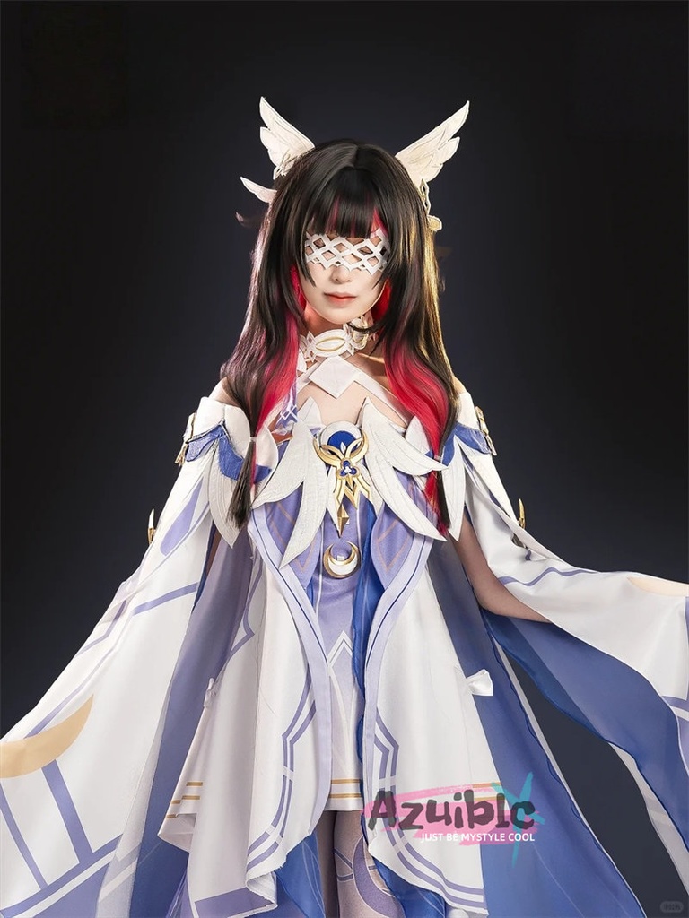 Azuiblc 原神コスプレ衣装 コロンビーナ(少女) 3D樹脂製パーツ 髪飾り付き ワンピース 再現衣装