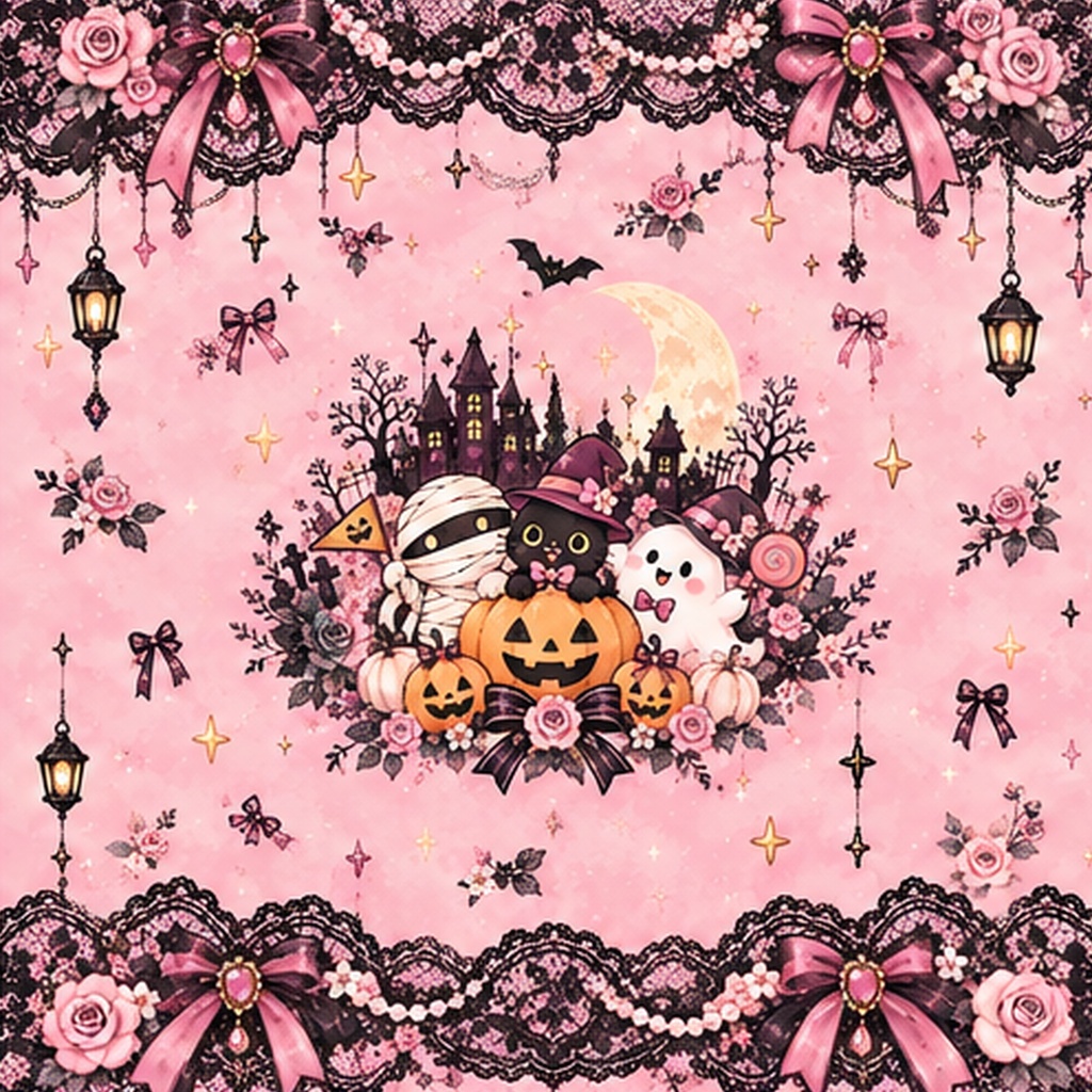パステルハロウィン|ゴシックレースの正方形デザインペーパー 6枚セット【PNG・商用利用OK】