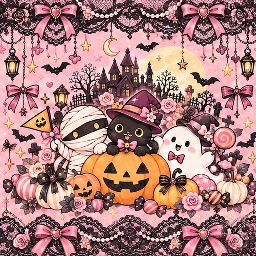 パステルハロウィン|ゴシックレースの正方形デザインペーパー 6枚セット【PNG・商用利用OK】