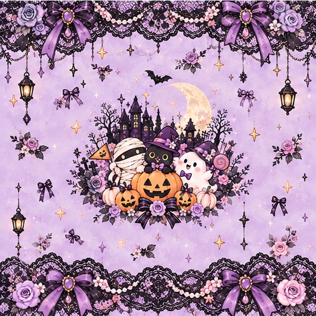 パステルハロウィン|ゴシックレースの正方形デザインペーパー 6枚セット【PNG・商用利用OK】