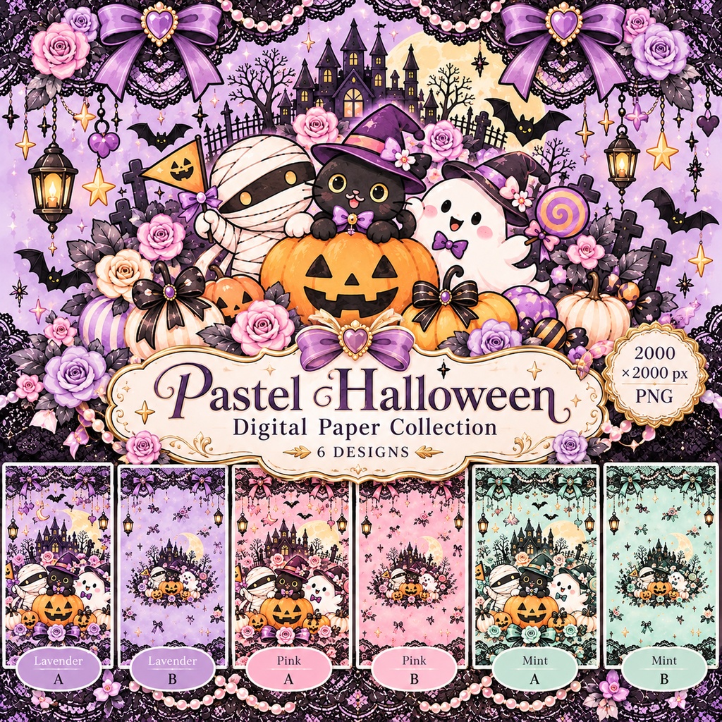 パステルハロウィン｜ゴシックレースの正方形デザインペーパー 6枚セット【PNG・商用利用OK】