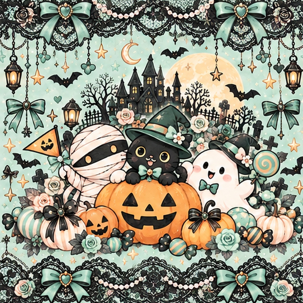 パステルハロウィン|ゴシックレースの正方形デザインペーパー 6枚セット【PNG・商用利用OK】