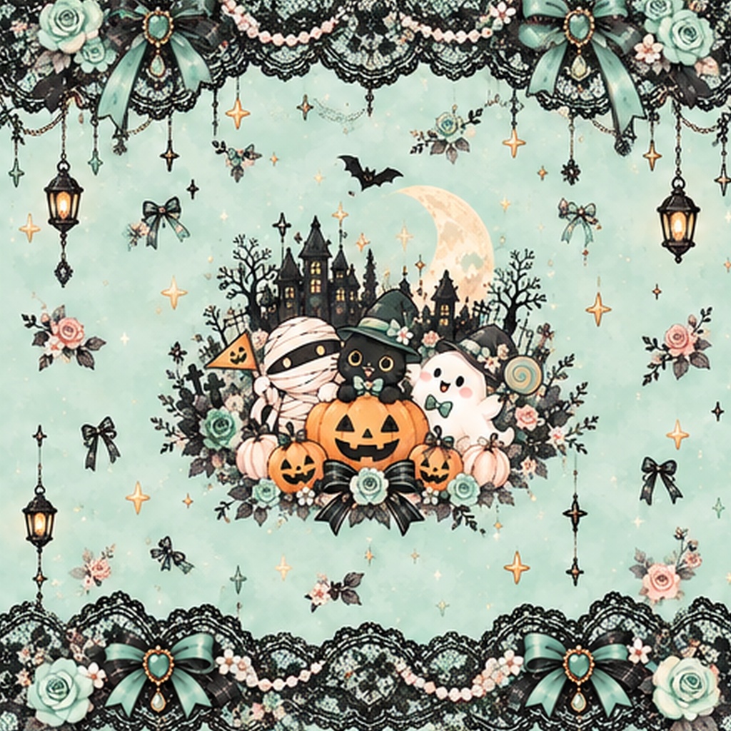 パステルハロウィン|ゴシックレースの正方形デザインペーパー 6枚セット【PNG・商用利用OK】