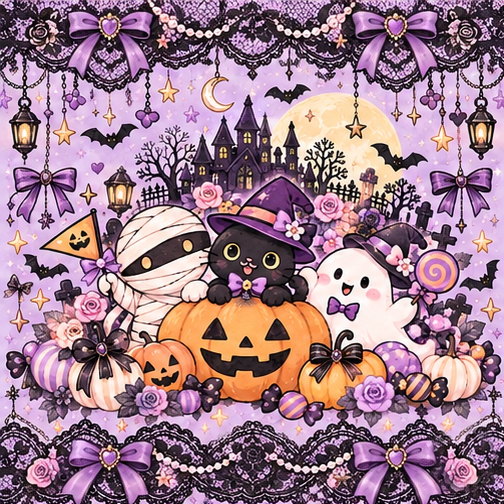 パステルハロウィン|ゴシックレースの正方形デザインペーパー 6枚セット【PNG・商用利用OK】