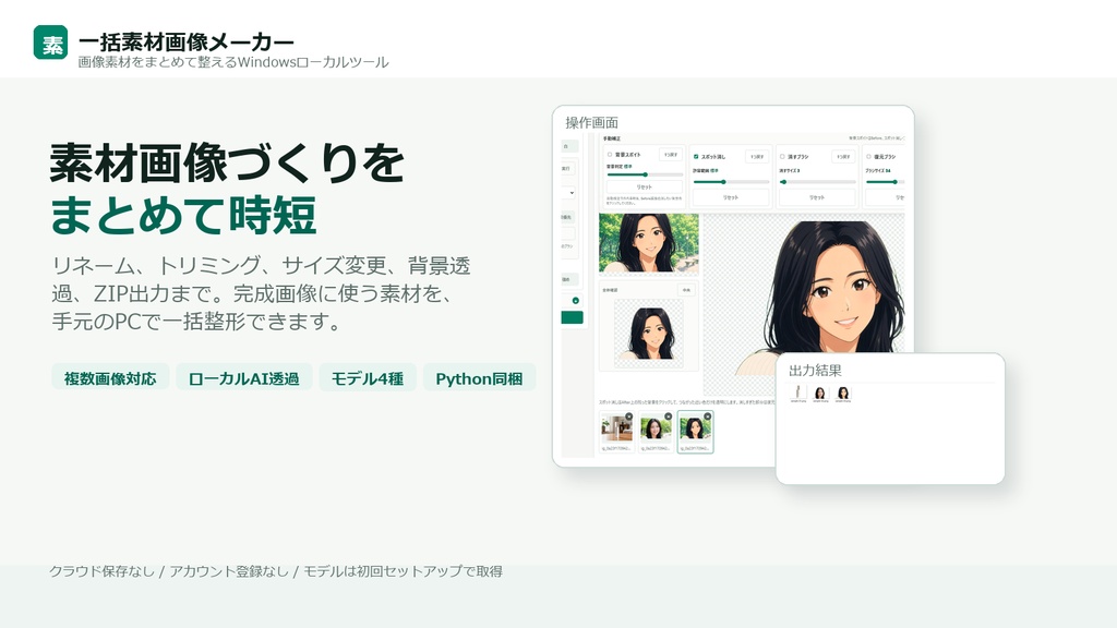 一括素材画像メーカー｜AI背景透過・リネーム・トリミング・サイズ変更対応 Windows向け買い切りツール
